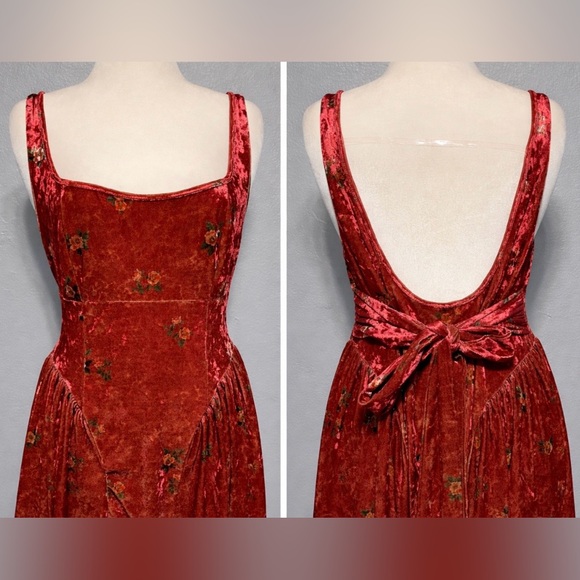 SHEIN Dresses & Skirts - Rust Crushed Velvet Floral Dress Open Back Bow Y2K Fairycore Whimsigoth 2XL NWT